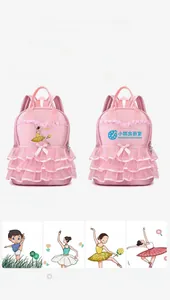 Detailed view of pink ballet dance backpack featuring various customizable cartoon patterns.