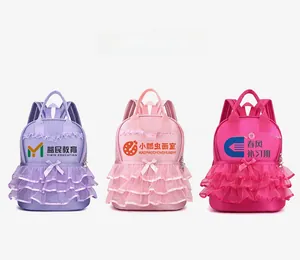 Detail of customizable girls' nylon backpack featuring elegant lace ruffles and bows.