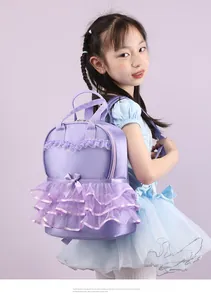 Adorable purple ruffled girl's backpack with bow detail for kindergarten and dance class