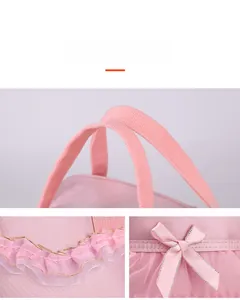 Close-up view of pink kids' backpack details including fabric handle, lace and bow