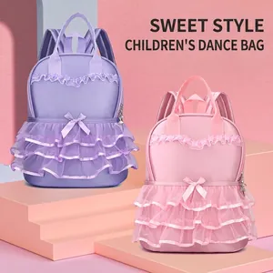 Girls Ballet Tutu Schoolbag Sweet Lace Ruffle Backpack Lightweight Nylon Kids Kindergarten Dance Class Bag Bow Decoration Pink Purple