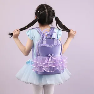Elegant purple dance backpack for girls featuring lace ruffles and bow decoration