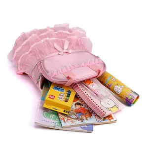 Pink girl's backpack with elegant lace tutu ruffles and bow, durable nylon school bag