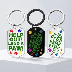 Stainless Steel Dog Tag Keychain Motivational Quote Colorful Paw Print Pet ID Pendant Decorative Key Ring Accessory