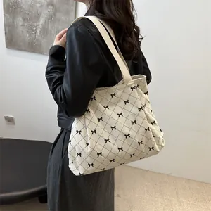 Large capacity corduroy tote bag with black bow prints and diamond grid pattern