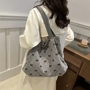 Large capacity grey corduroy tote bag with elegant black bow pattern for daily school use