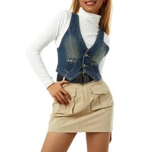 Gilet Di Jeans Slim Fit Retrò Donna Giacca Corta Senza Maniche Lavaggio Vintage Streetwear Casual Blu