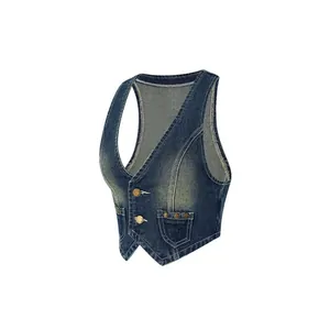 Gilet di jeans corto retrò da donna, vestibilità slim, bottoni, lavaggio blu scuro.