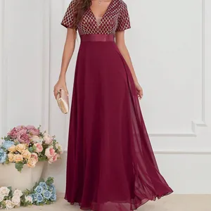 Robe de Soirée Élégante pour Femmes Col en V à Paillettes Robe Longue en Chiffon Avec Ceinture en Satin pour Mariage Fête