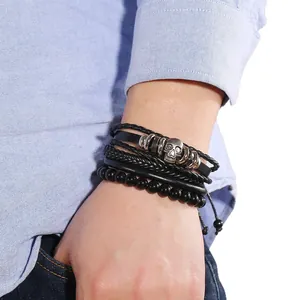 Vintage men's multi-layer skull leather bracelet with black beads and braided cords