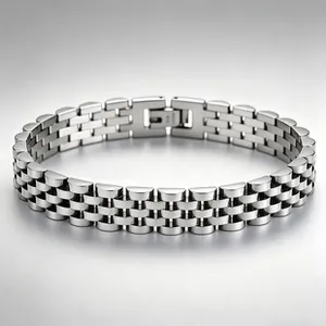 Detailed view of stainless steel watchband style bracelet with polished links