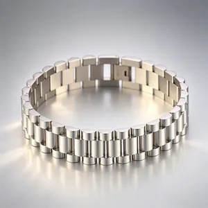 Detailed view of the metallic texture on a stainless steel watch band style bracelet