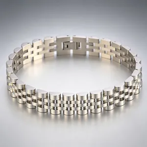Detailed view of silver stainless steel watchband style bracelet with polished finish