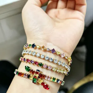 Elegant stacked zircon bracelets with colorful gemstones and adjustable pull design