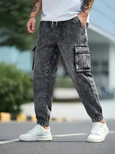 Men's American Cargo Jeans Acid Wash Dark Gray Multi-Pockets Drawstring Waist Jogger Denim Pants Hip Hop Streetwear Trousers