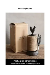 Detailed view of vintage cast iron rooster twine holder packaging including jute string