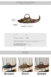 Detail view of 3D crocodile handbag with size specs and color options: black, green, brown.