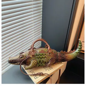 Unique 3D crocodile shaped handbag with textured skin and top handle straps