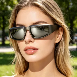 Close-up detail of silver steampunk UV protection sunglasses on a female model outdoors