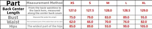 Size chart showing back length, chest, waist, and hip measurements for evening dress