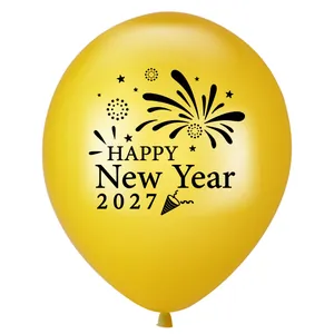 Gold Happy New Year 2027 latex party balloon with festive black fireworks print decoration