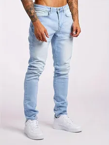 Men Slim Fit Stretch Denim Jeans Cotton Blend Washed Light Blue Casual Denim Pants For Men Fashion Basic Jeans