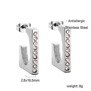 Stainless steel C-shaped geometric stud earrings with rhinestones, 8g weight