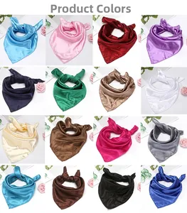 Detailed grid showing 16 vibrant colors of satin silk professional square neck scarves