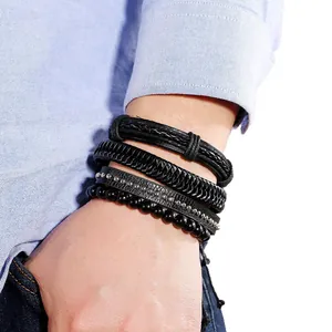 Vintage black multi-layer braided genuine leather and beaded bracelet set for men's style