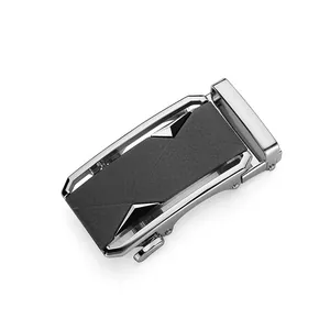 Sleek silver metal automatic belt buckle with textured black panel for men