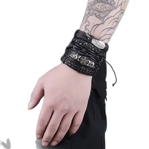 Retro multi-layer black genuine leather bracelet set with alloy wings and star charms