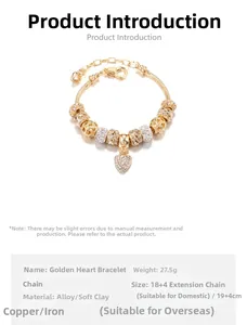 Detailed view and specifications for the gold European charm bracelet with heart pendant