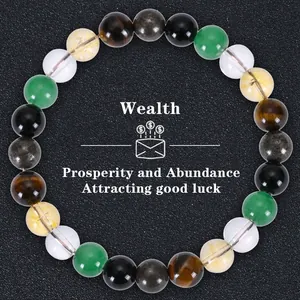Détail du bracelet de richesse en œil de tigre et cristal vert avec texte prospère