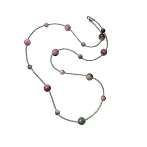 Handmade green seed bead necklace with pink cat eye stone accents, pastoral style necklace