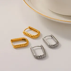 Vintage Stainless Steel Twisted Rope Hoop Earrings For Women 18K Gold Plated U Shaped Rectangular Retro Fashion Jewelry