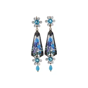 Elegant vintage floral drop earrings with blue resin flower accents and turquoise beads.