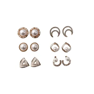 Elegant 6-pair earring set featuring pearls, rhinestones, and moon designs on a white background.