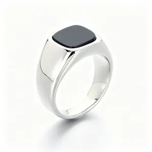 Classic silver stainless steel men's signet ring with a polished black square stone inlay