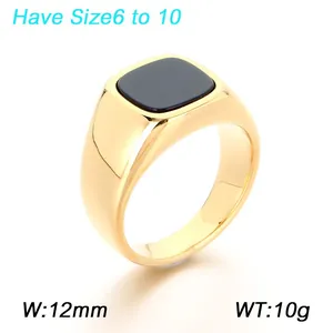Gold stainless steel men's ring with square black onyx, featuring 12mm width and 10g weight.