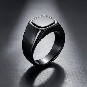 Detailed close-up view of a high-quality polished black stainless steel signet ring