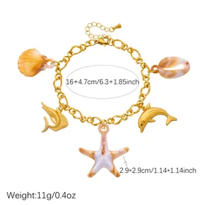 Detailed view of gold stainless steel charm bracelet with ocean pendants and dimensions
