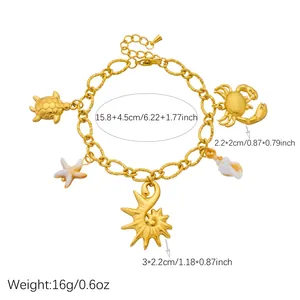 Detail showing gold stainless steel marine charm bracelet with precise size measurements