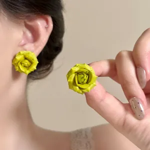 Handmade yellow rose resin flower stud earrings with S925 silver needles for women