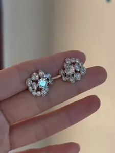 Detailed close-up showing the intricate zircon cluster on silver ear clips