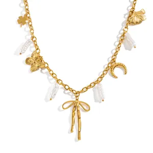 18K gold plated stainless steel charm necklace with butterfly and pearls for women