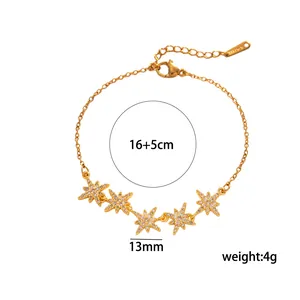 Vista detallada de pulsera dorada con estrella de ocho puntas, circonitas y medidas