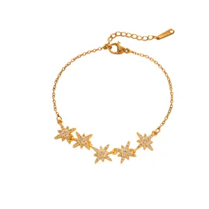 Elegante pulsera dorada con cinco dijes de estrella de ocho puntas para mujer