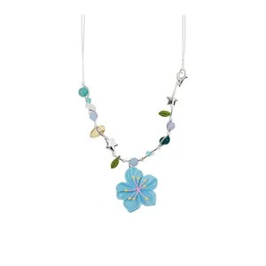 Colorful dopamine style beaded necklace with blue flower pendant and silver stars