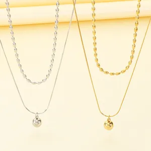 Collier Double Couche en Acier Inoxydable Minimaliste pour Femmes Élégant Chaîne à Billes Avec Pendentif Boule Bijoux de Mode