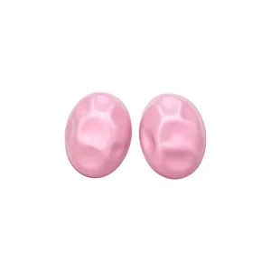 Pink pleated oval enamel stud earrings with a glossy textured finish for women.